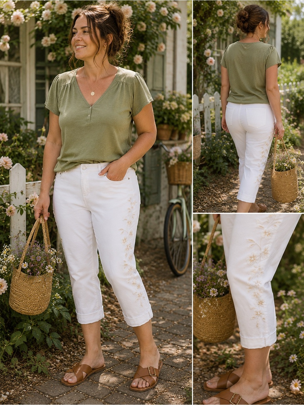 Lane Bryant White Floral Embroidered Boyfriend Capri Jeans Size 16 Stretch